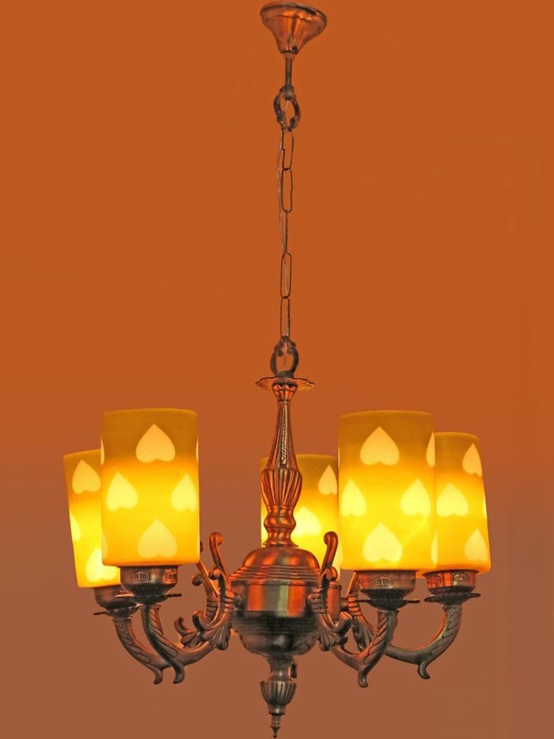 Somil Antique 5-Light Chandelier with Glass Shades, Brown, Green and White Lighting Effect, Metal Fitting. LED Compatible. Dia: 48 X 48 X 100 Cm.