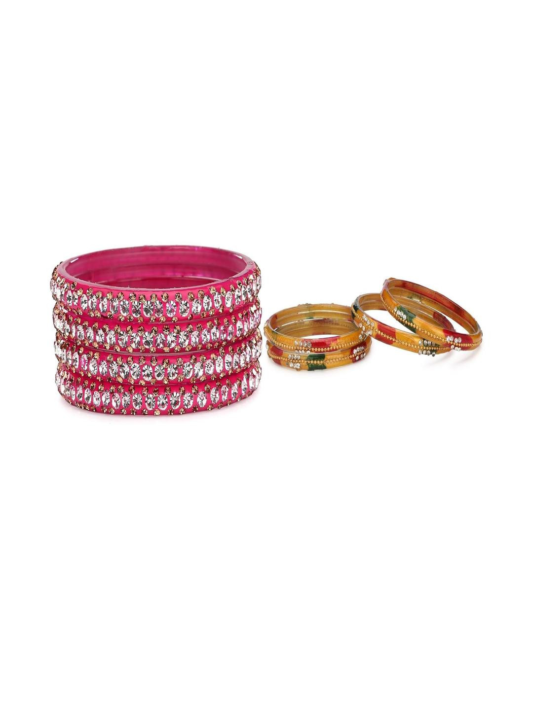 SOMIL Set Of 8 Pink & Multicolor Artificial Stones Beaded Glass Bangles