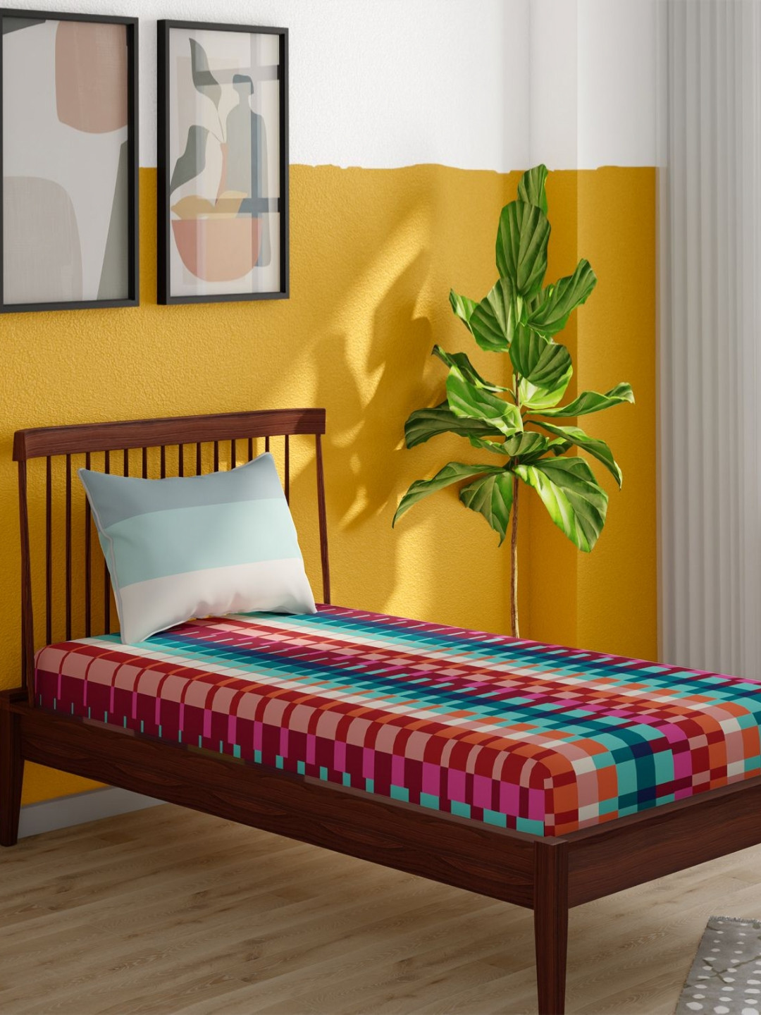 Portico Pixelpop Blue & Red Checked Cotton 152 TC Single Bedsheet Set-1.50 m X 2.24 m