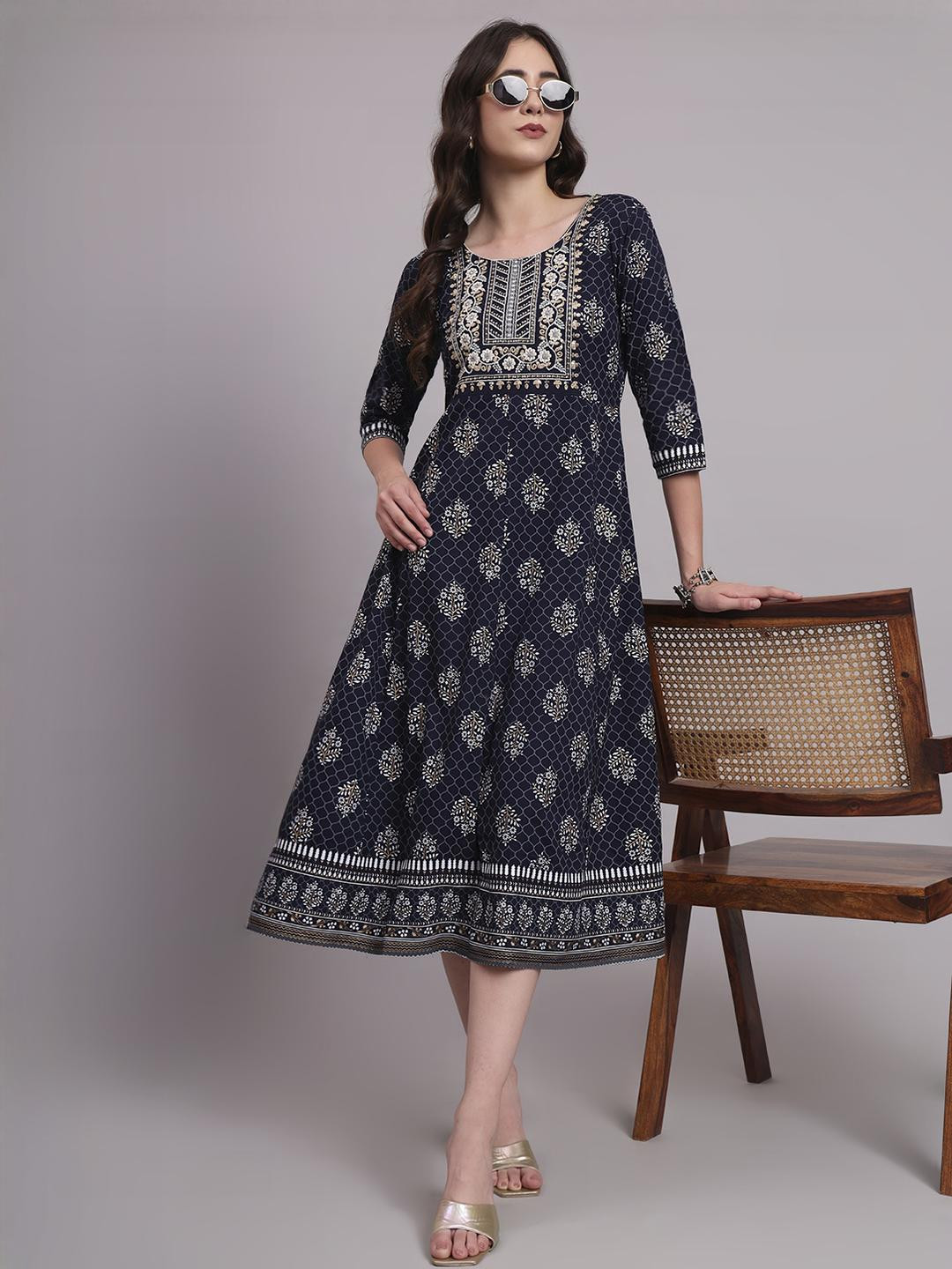 Angkor Women Navy Blue  Viscose Rayon Kurtas