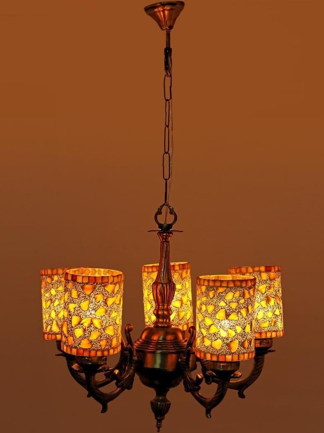 Somil Antique 5-Light Chandelier with Mosaic Glass Shades, White and Gold Lighting Effect, Metal Fitting. LED Compatible. Dia: 48 X 48 X 100 Cm.