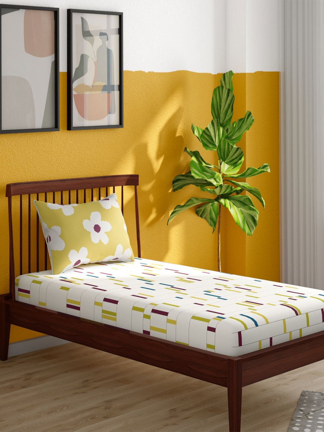 Portico Pixelpop White & Blue Printed Cotton 152 TC Single Bedsheet Set 1.50m x 2.24m