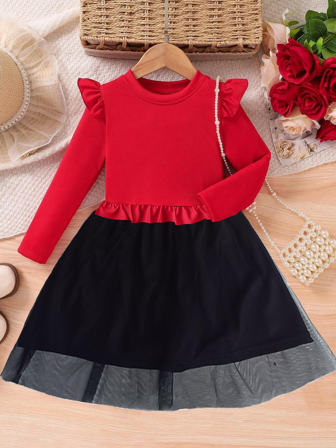 Hikuj Girls Long Sleeve Layered Net Balloon Dress