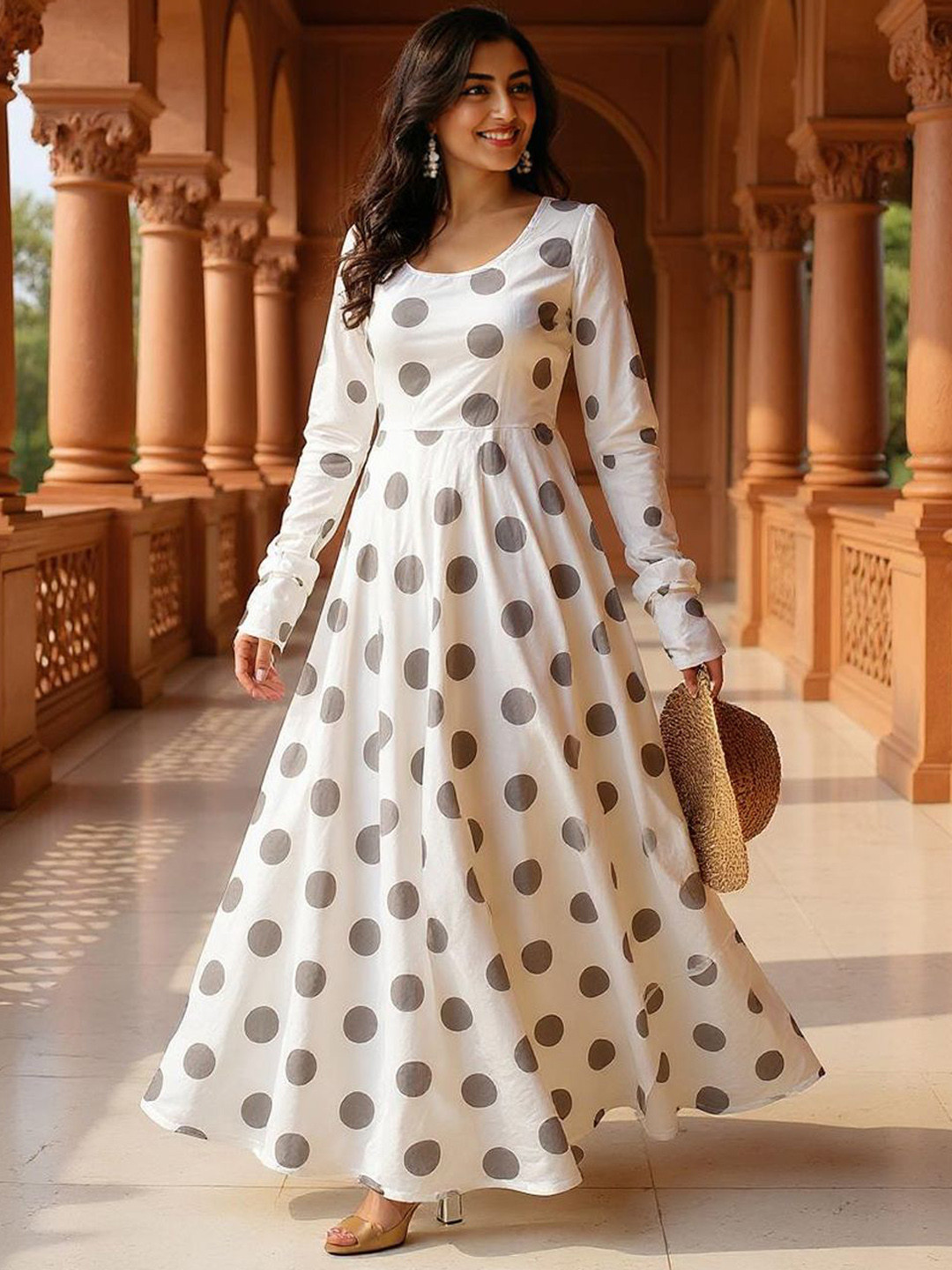 SZN Polka Dots Cotton Flared Maxi Ethnic Dresses