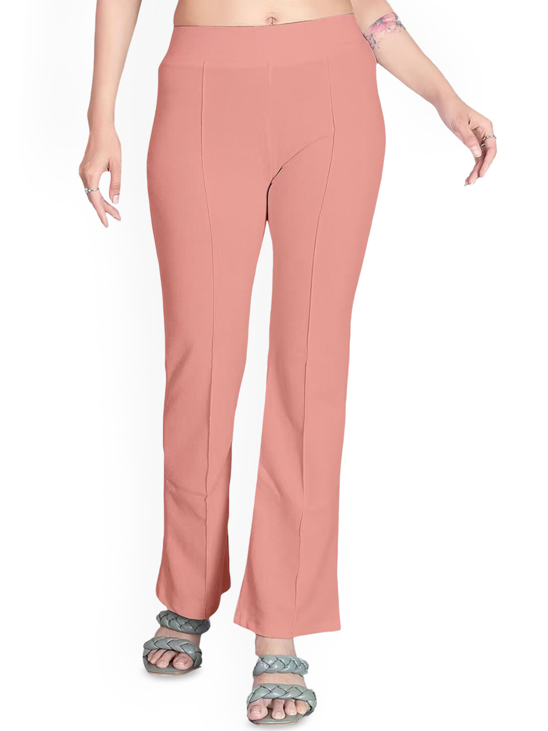 SRISARAS Women Bootcut Pleated Mid-Rise Cotton Trousers