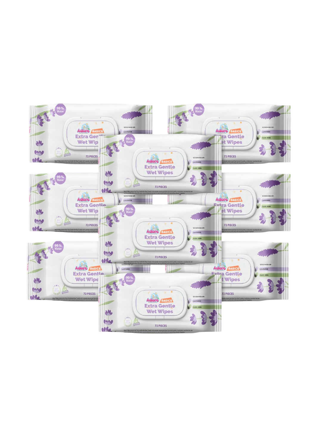 Adore Set Of 9 99% Pure Water Lavender Baby Wet Wipes - 72Pcs Each