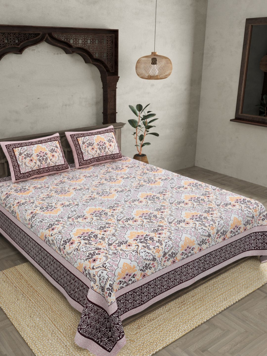 JAIPUR FABRIC White & Purple Floral 180 TC King Bedsheet with 2 Pillow Covers