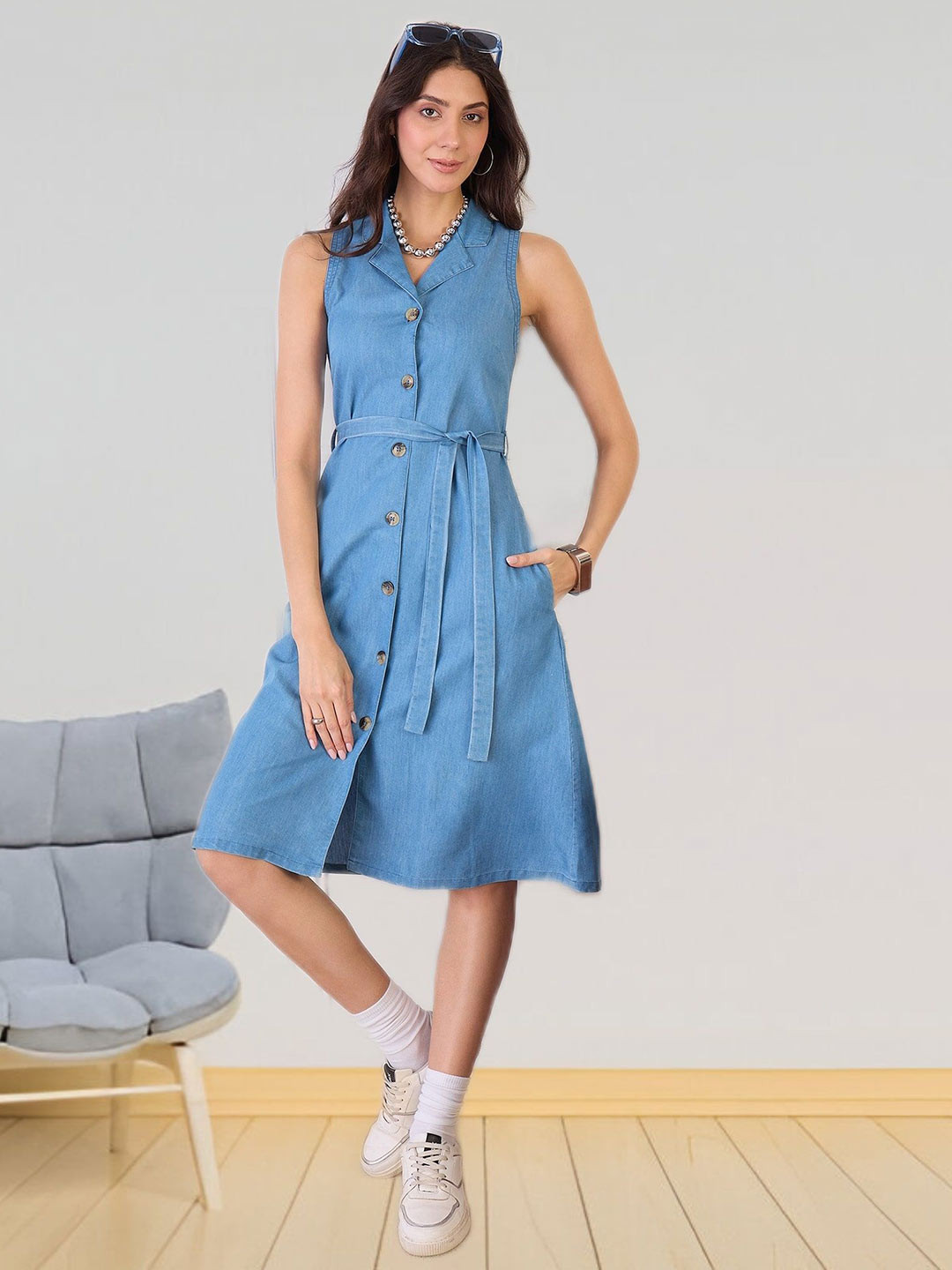all about you Women Lapel Collar Pure Cotton Denim Shirt Midi Dress With Tie-Up Belt
