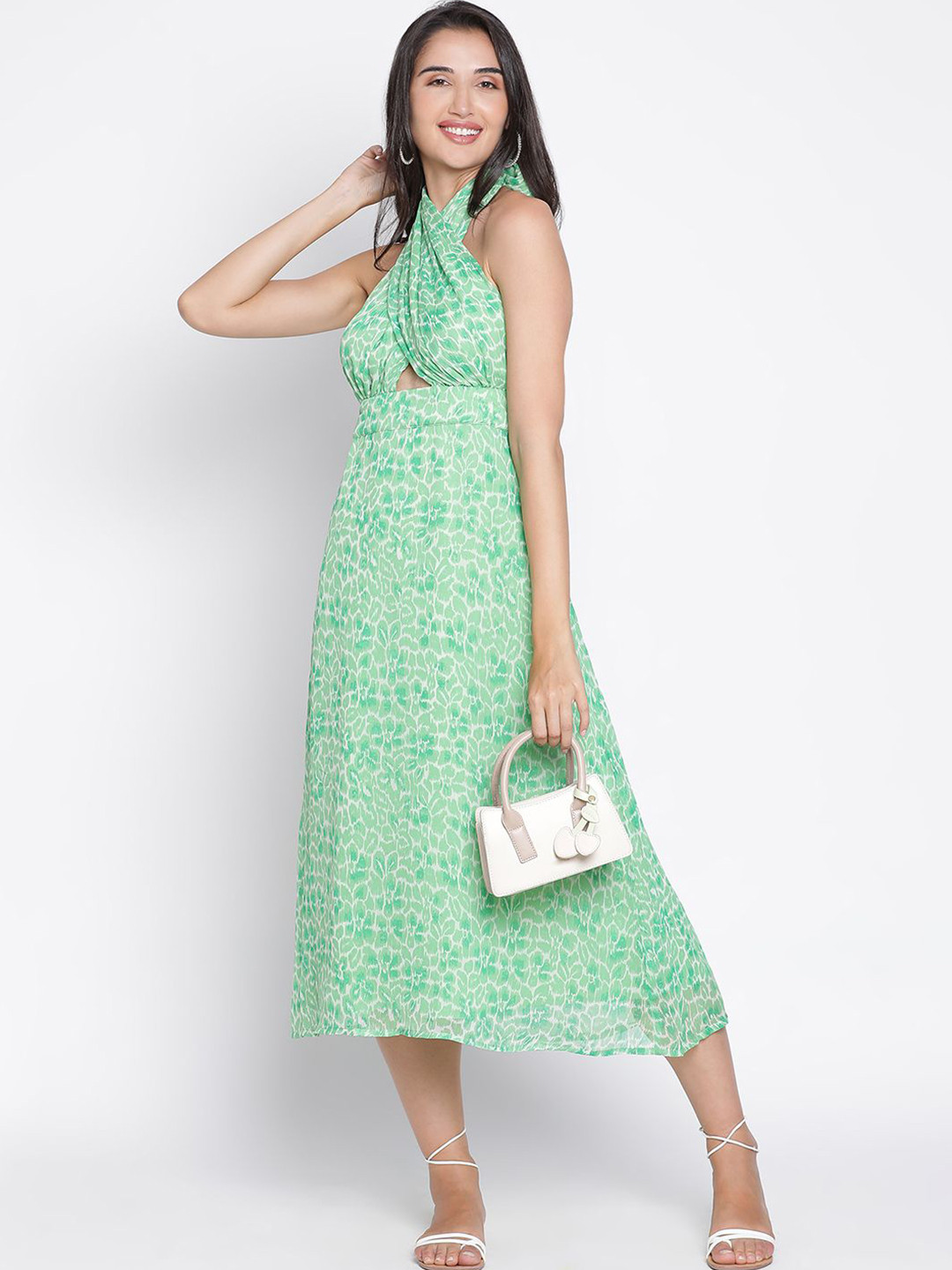 R.Code by The Roadster Life Co. Women Printed Halter Neck Back Knot A-Line Midi Dress