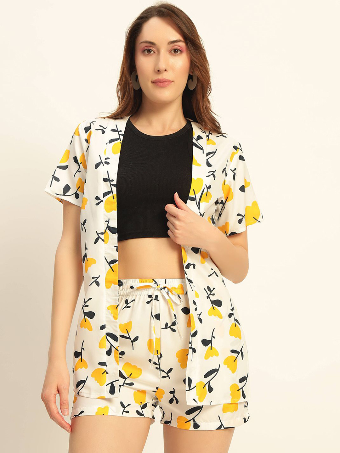 Deewa Floral Printed Shawl Neck Shirt With Shorts Co-Ords