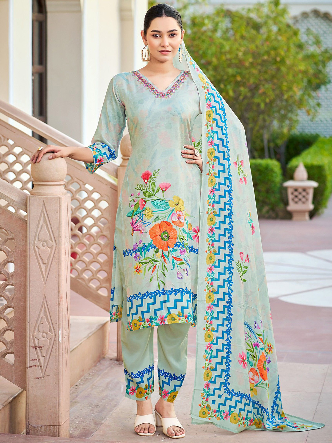 AVITRA Floral Printed V-Neck Beads And Stones Straight Kurta With Trousers & Dupatta