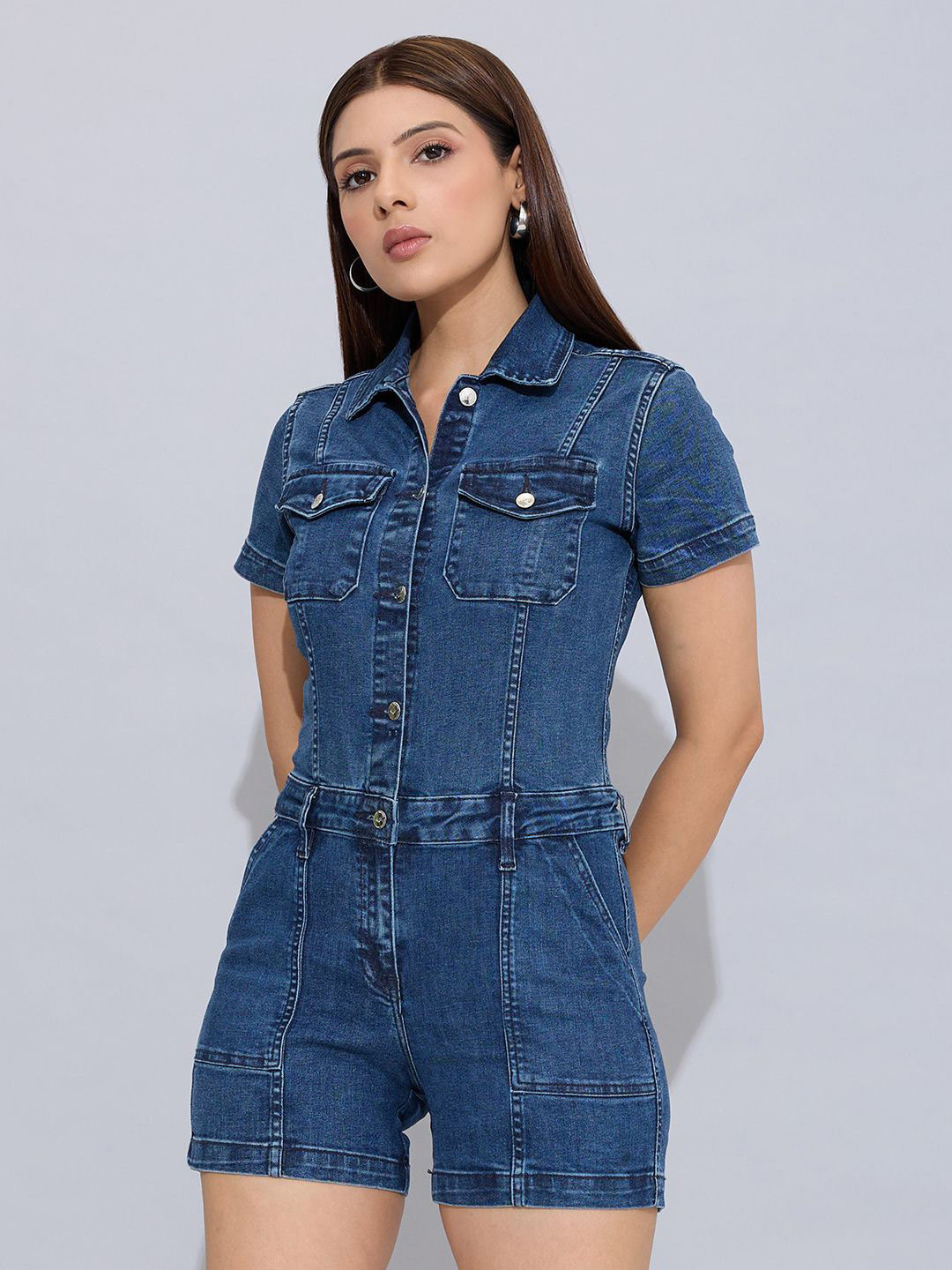 STORMY JEANS Women Solid Shirt Collar Playsuit