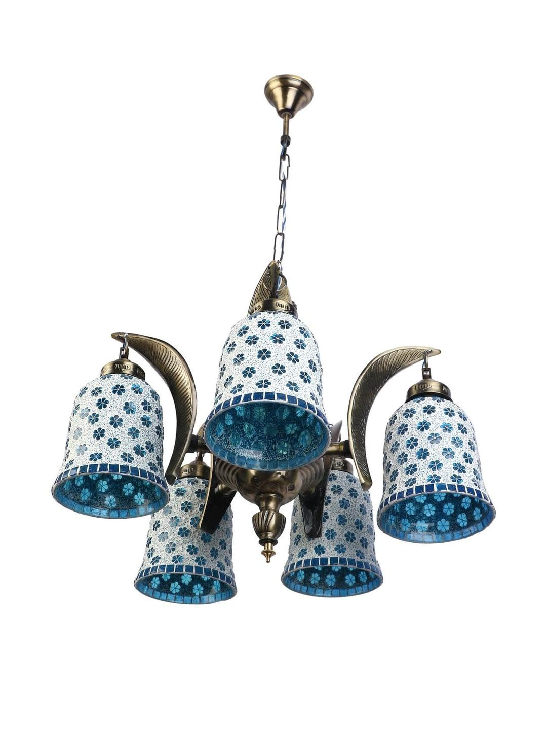 Somil Antique 5-Light Chandelier with Mosaic Glass Shades, Firozi and White Lighting Effect, Metal Fitting. LED Compatible. Dia: 48 X 48 X 100 Cm.