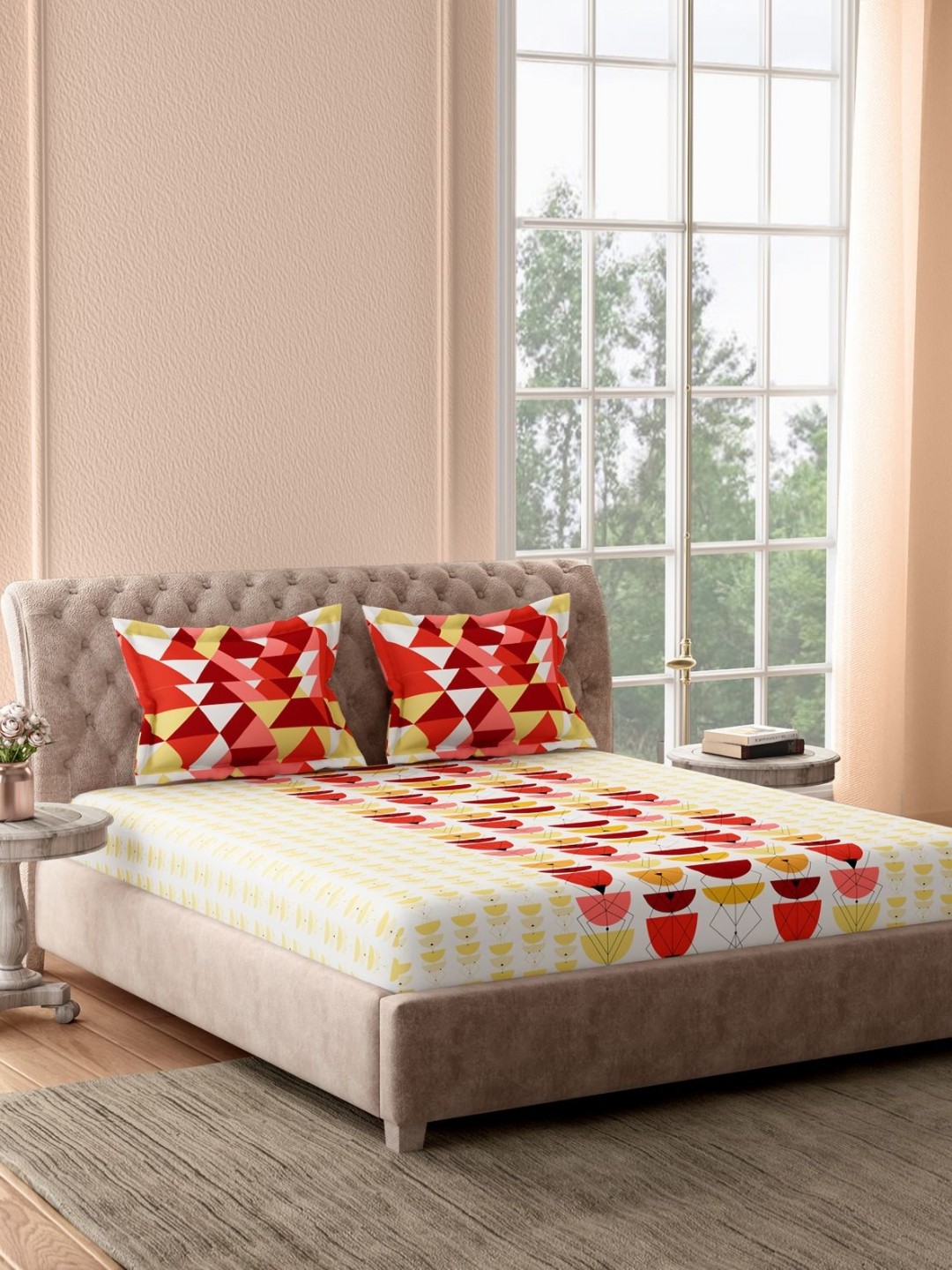 Portico Calmora White Geometric Printed Cotton 144 TC Queen Bedsheet Set 2.24m x 2.54m