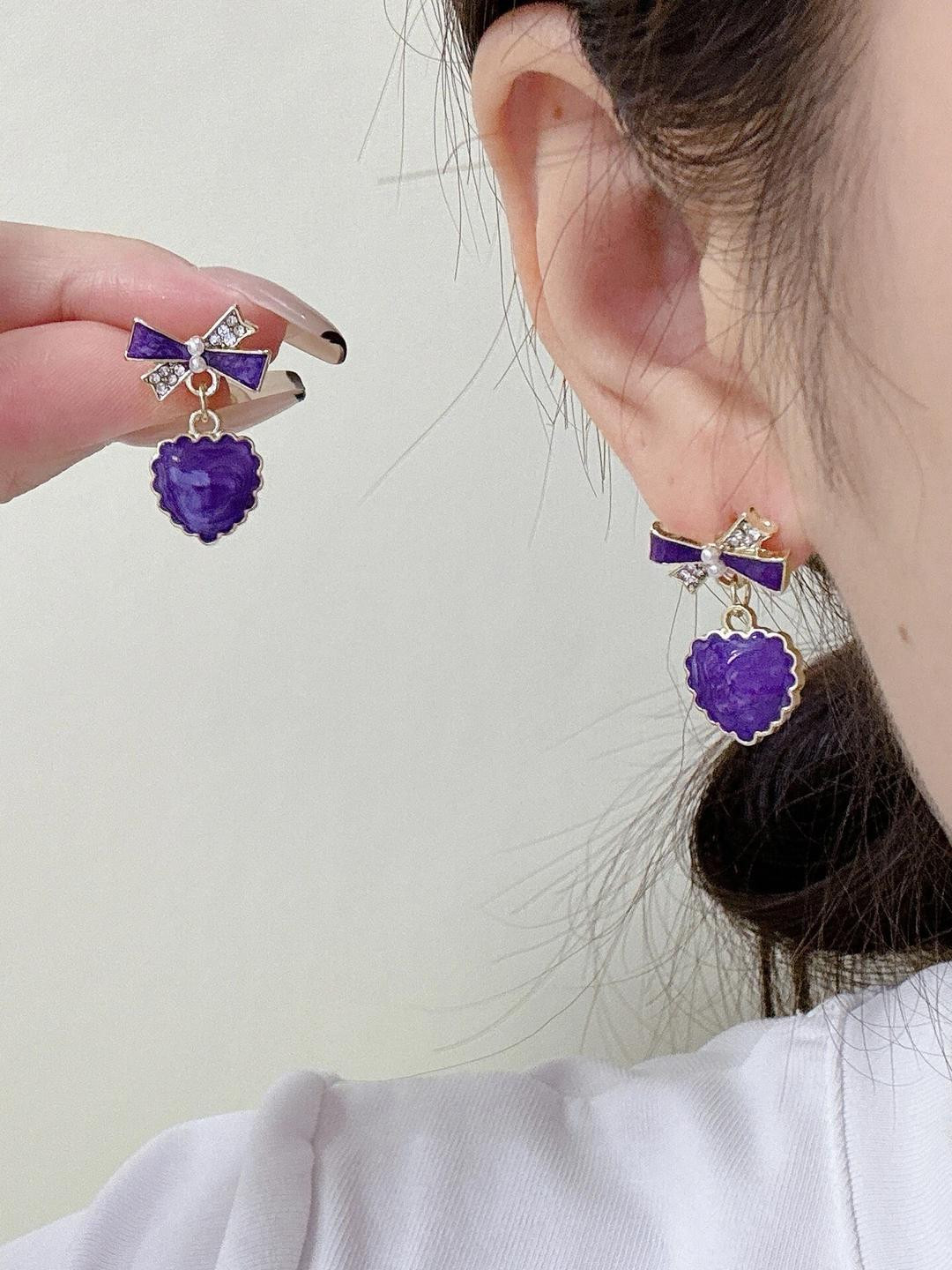 Heart-Shaped Purple Earrings for Women & Girls Cubic Zirconia Alloy, Brass Stud Earring, Earring Set