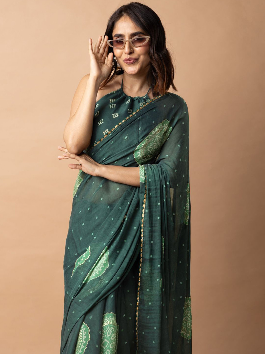 KALINI Bandhani Printed Gotta Patti Chiffon Block Print Saree