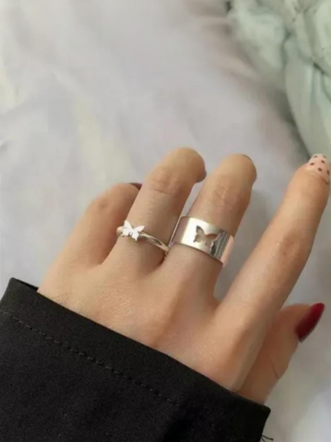 DressBerry Stunning Silver Butterfly Matching Wrap Finger Couple Ring for Women and Men
