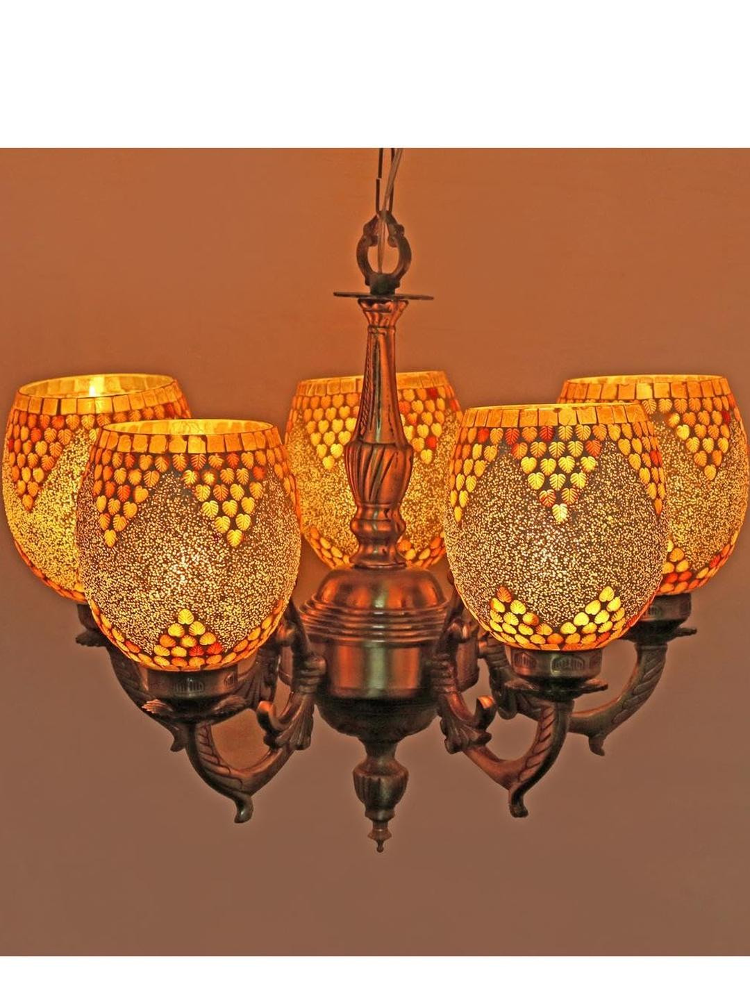 Somil Antique 5-Light Chandelier with Mosaic Glass Shades, Gold and White Lighting Effect, Metal Fitting. LED Compatible. Dia: 48 X 48 X 100 Cm.