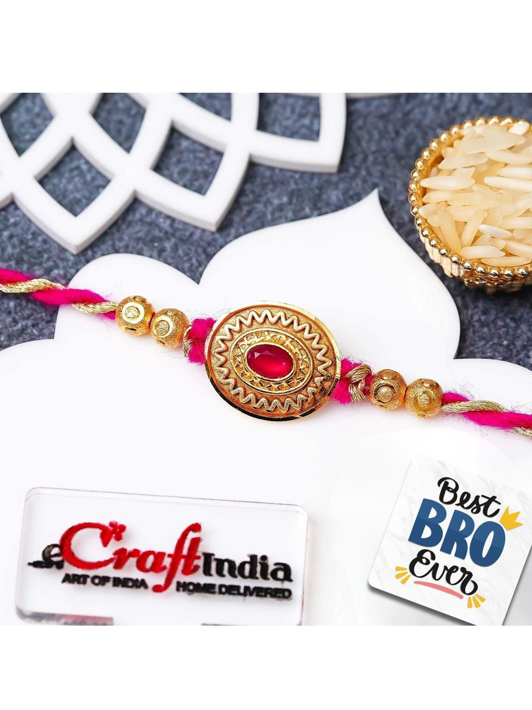eCraftIndia Stone-Studded Rakhi With Rice & Best Bro Ever Fridge Magnet