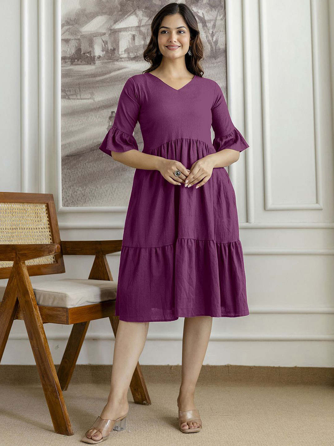 Trendmalls Women Burgundy Midi Bell Sleeve Dress