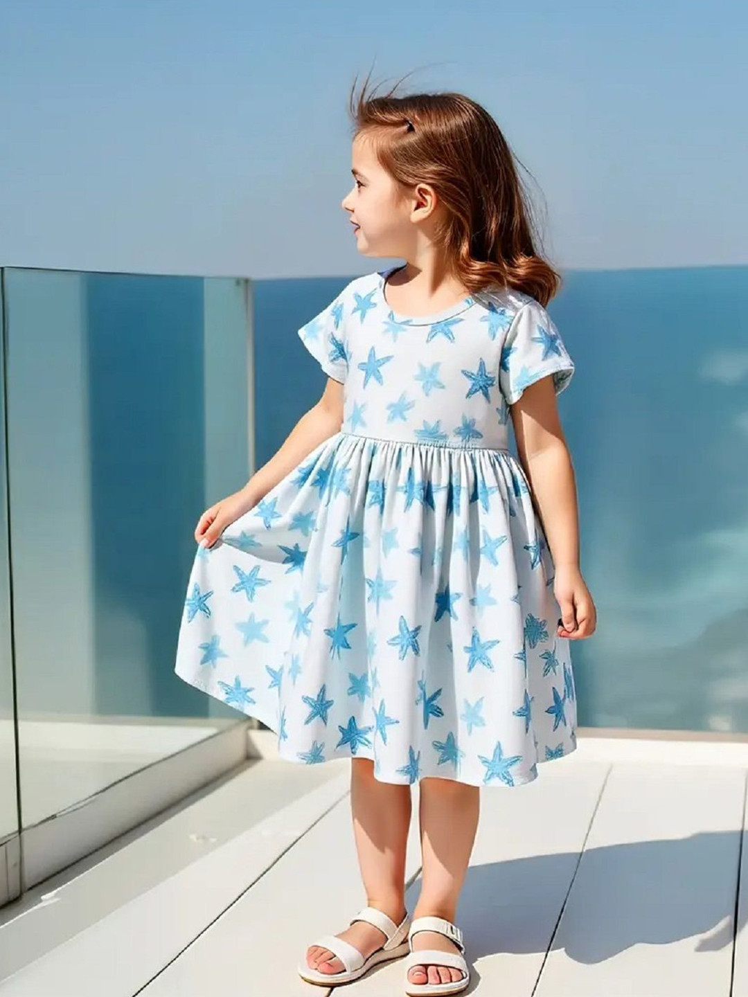 Miss & Chief Girl's Star Printed Round Neck Fit & Flare Dress