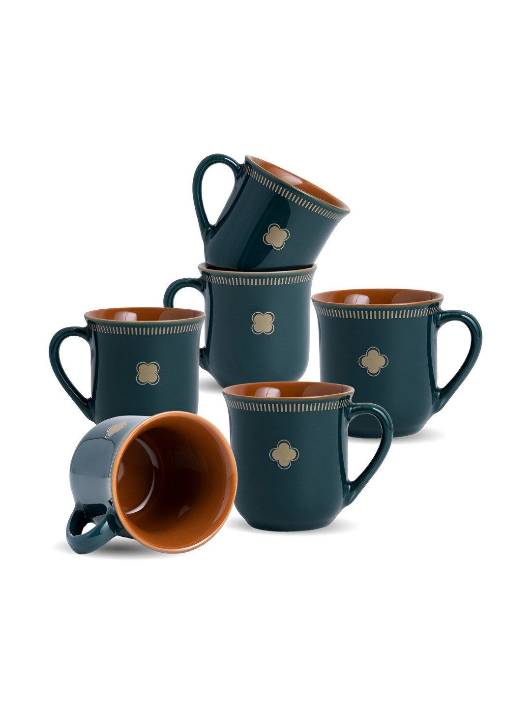 SHAY Midnight Teal 6 Pieces Printed Ceramic Glossy Finish Cups