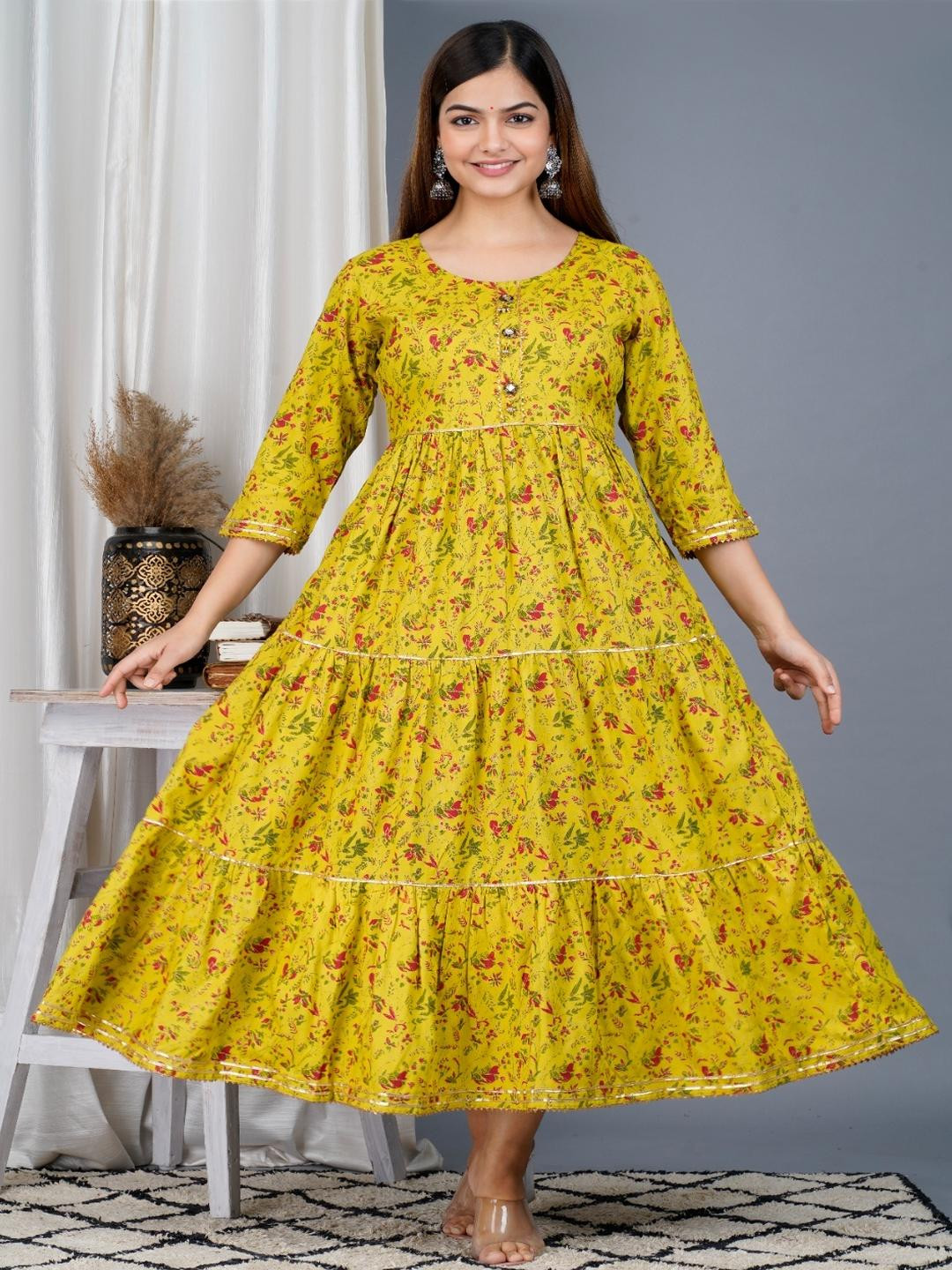 SMIEN Women Mustard Anarkali Cotton Wool Kurtas