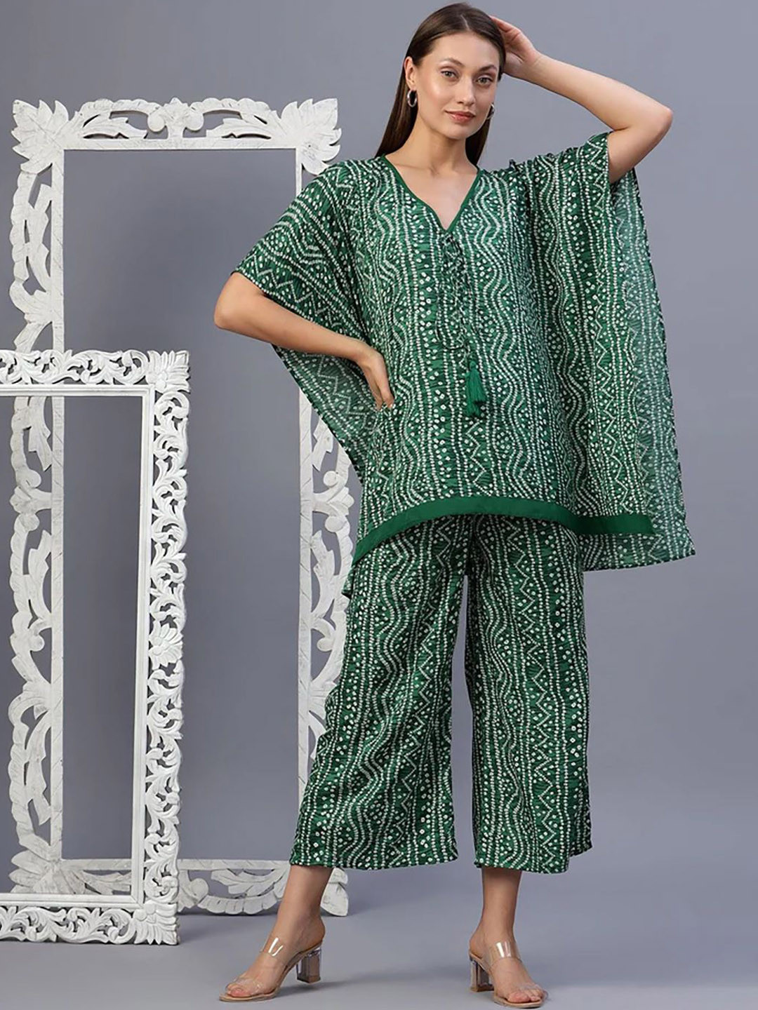 House of Kaftan Bandhani Printed Cotton V-Neck Top With Palazzos Co-Ords
