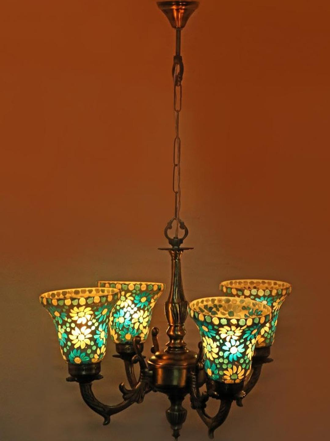 Somil Antique 4-Light Chandelier with Mosaic Glass Shades, Firozi and White Lighting Effect, Metal Fitting. LED Compatible. Dia: 48 X 48 X 100 Cm.