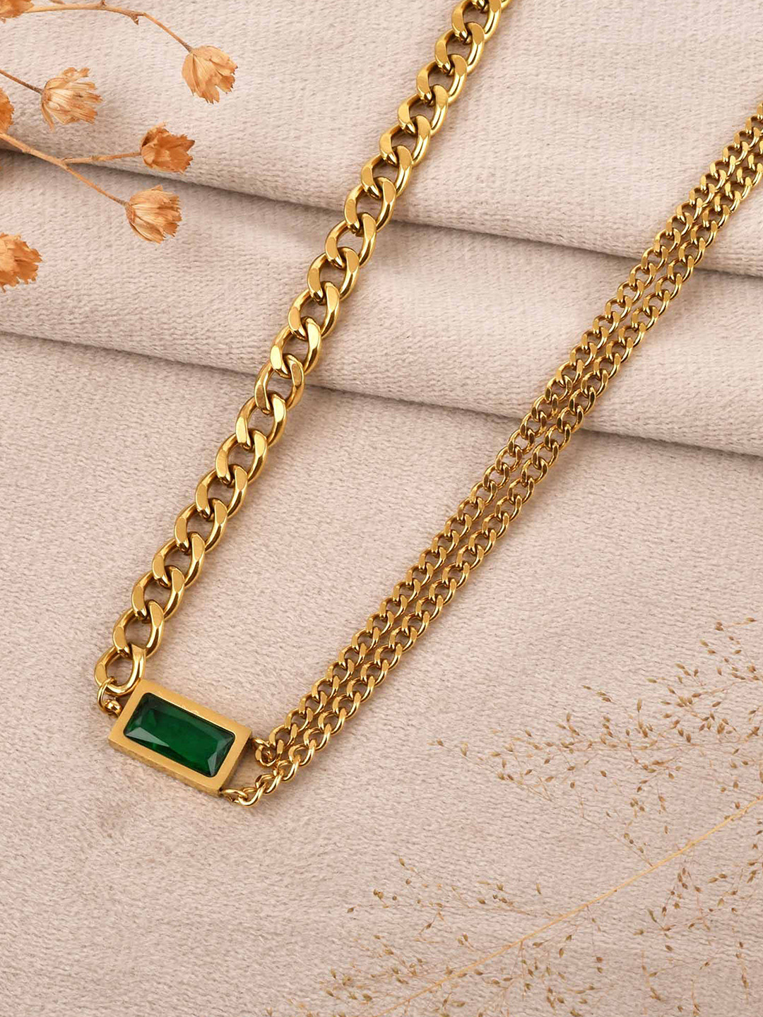 SHILLYN Stainless Steel Emerald Elan Gold-Plated Zircon Studded Anti-Tarnish Chain