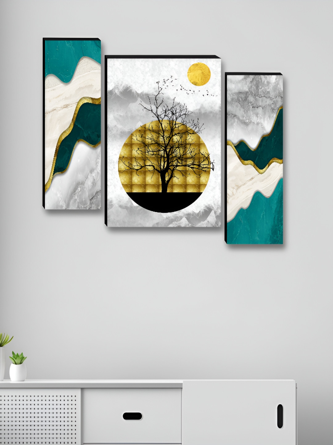 Livin'luxe Set of 3 Panels Modern Blue & Golden Leaf Abstract Wood Wall Painting