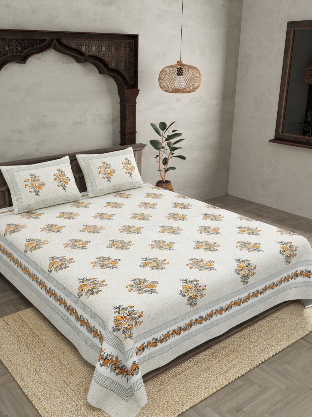 JAIPUR FABRIC White & Yellow Floral Cotton 180 TC Double King Bedsheet Set-2.74mx2.28m