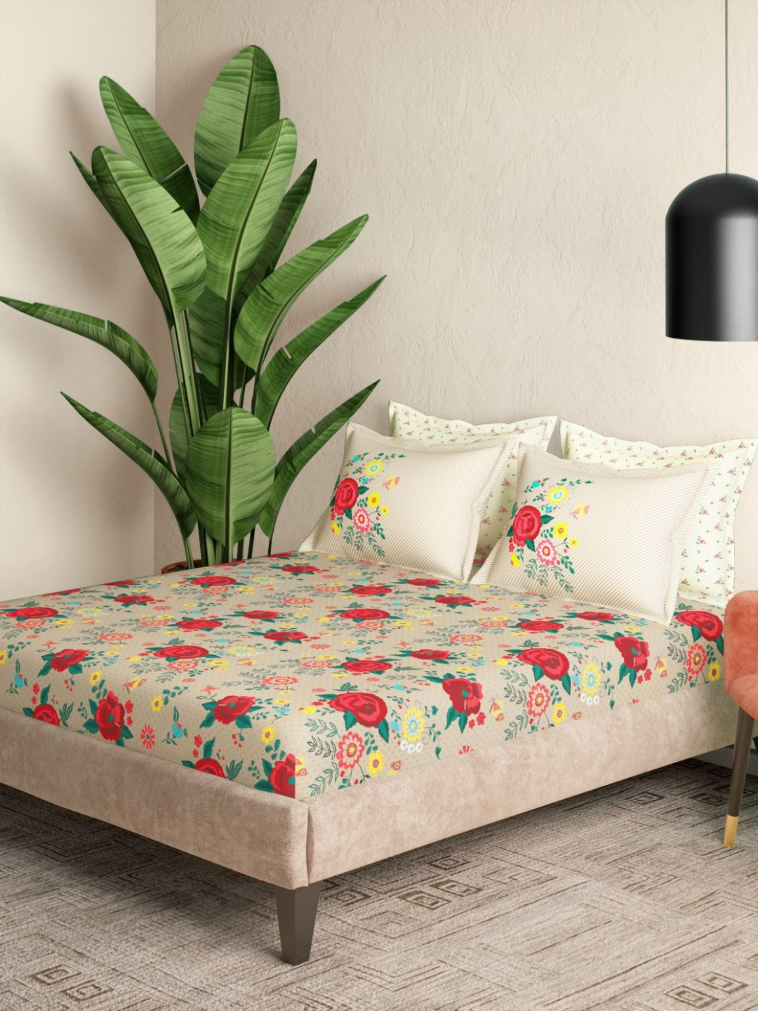 Portico Bloomique Cream Floral Printed 144 TC Cotton King Bed Sheet Set 2.74m x 2.74m