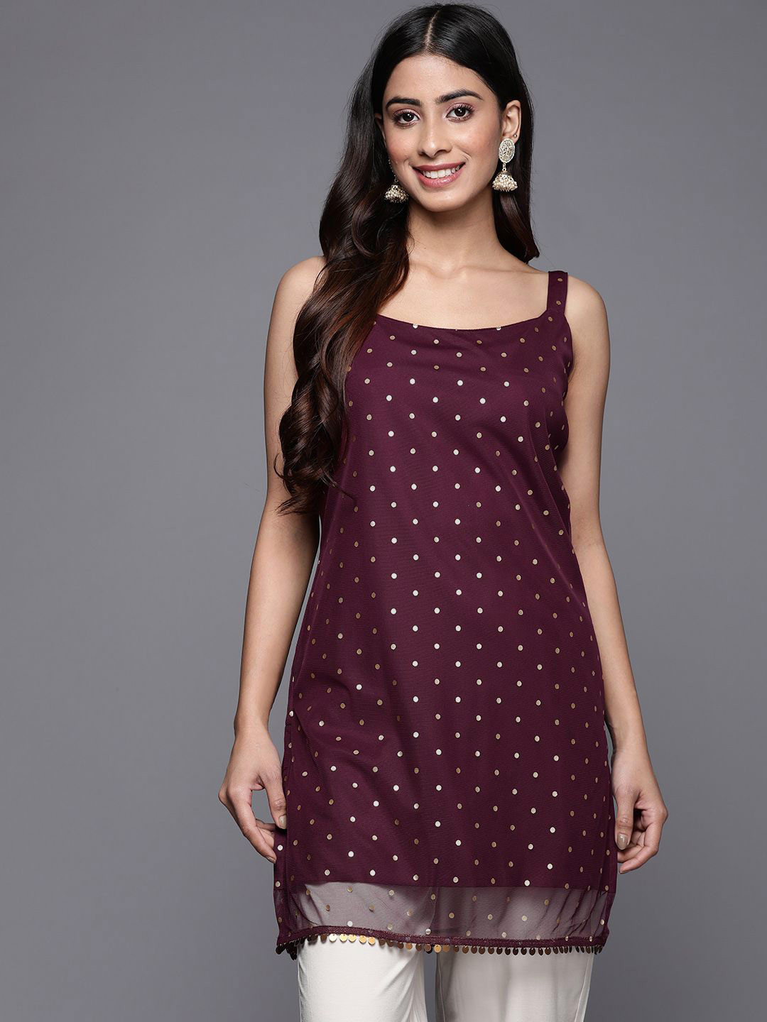 Ahalyaa Polka Dot Printed Shoulder Straps Straight Kurta