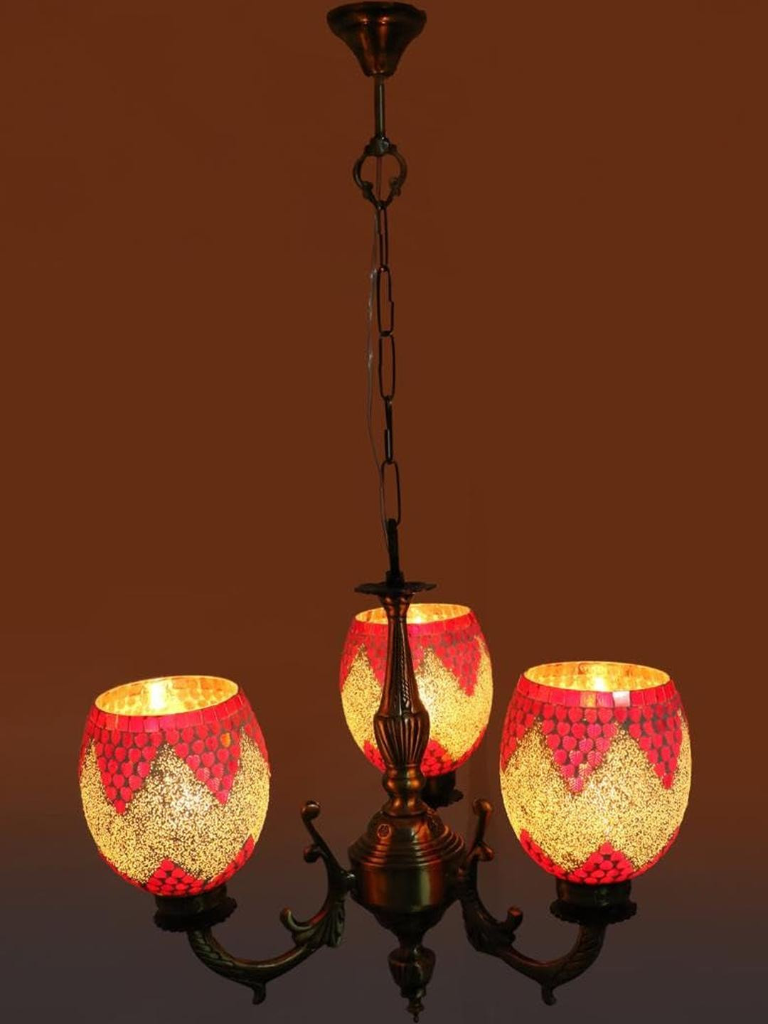Somil Antique 3-Light Chandelier with Mosaic Glass Shades, Red and White Lighting Effect, Metal Fitting. LED Compatible. Dia: 48 X 48 X 100 Cm.