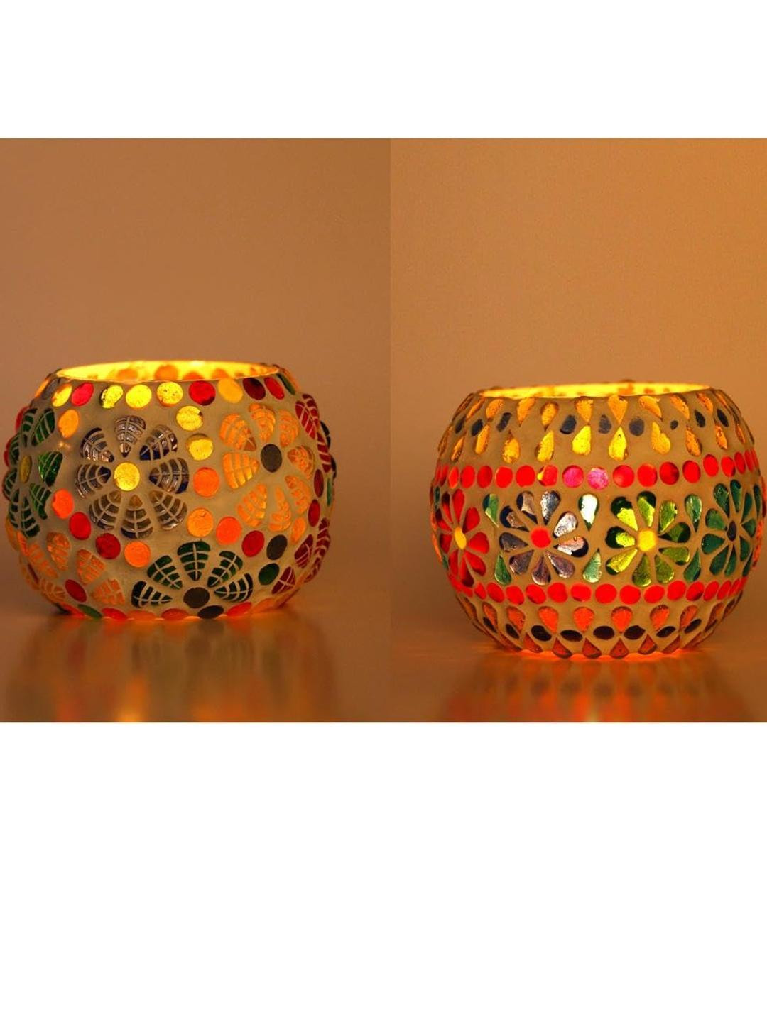 Somil Vibrant Glass Candle Holder, Size-8.5 X 8.5 X 7  Cm , 11 X 11 X 8  Cm Pack OF 2