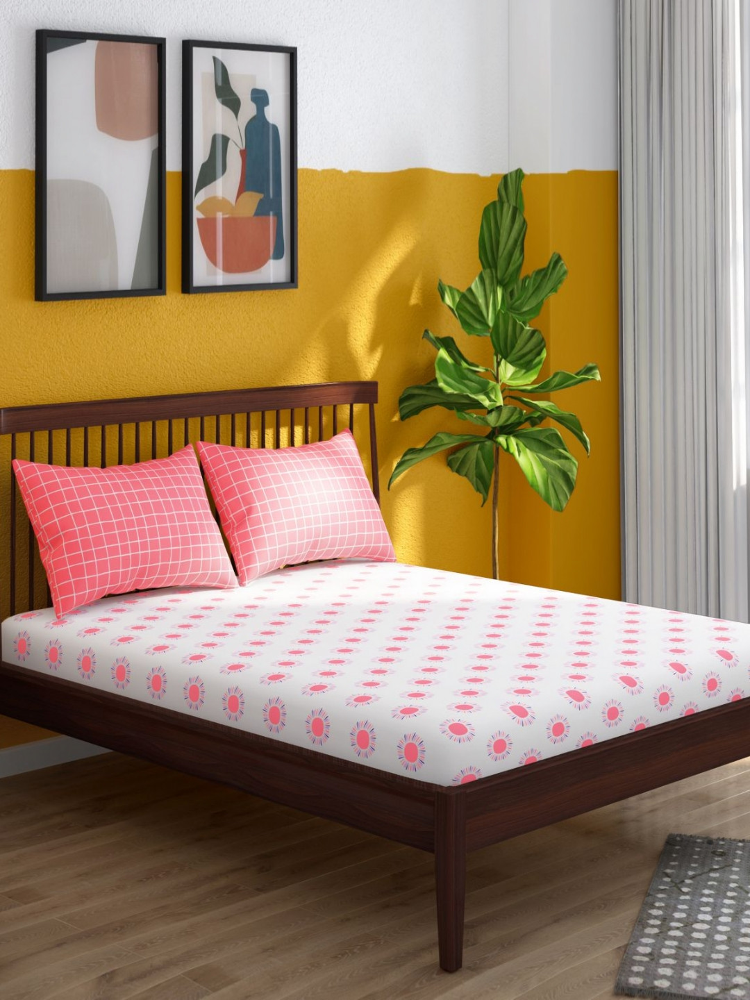 Portico Tagtrend Pink & White Printed Cotton 144 TC King Bedsheet Set 2.24 m x 2.74 m