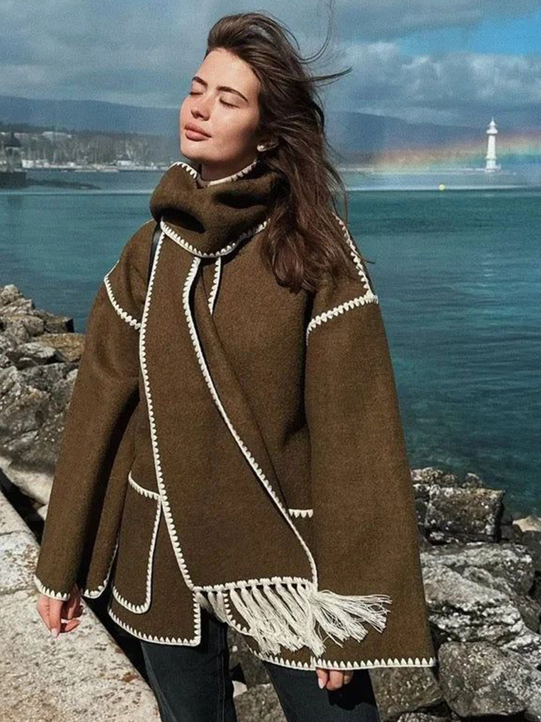 Miss Mosa By Akanksha  Olive Cora Oversized Woolen Jacket with Scarf