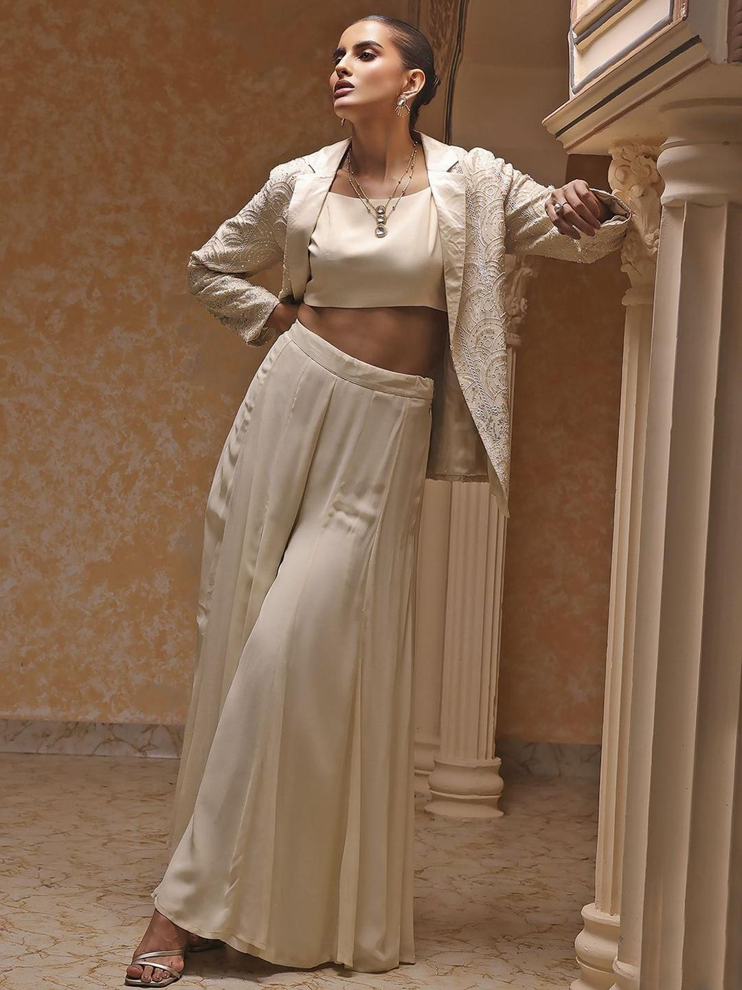 Biba Round Neck Embroidered Top & Palazzo With Jacket Co-Ord Set