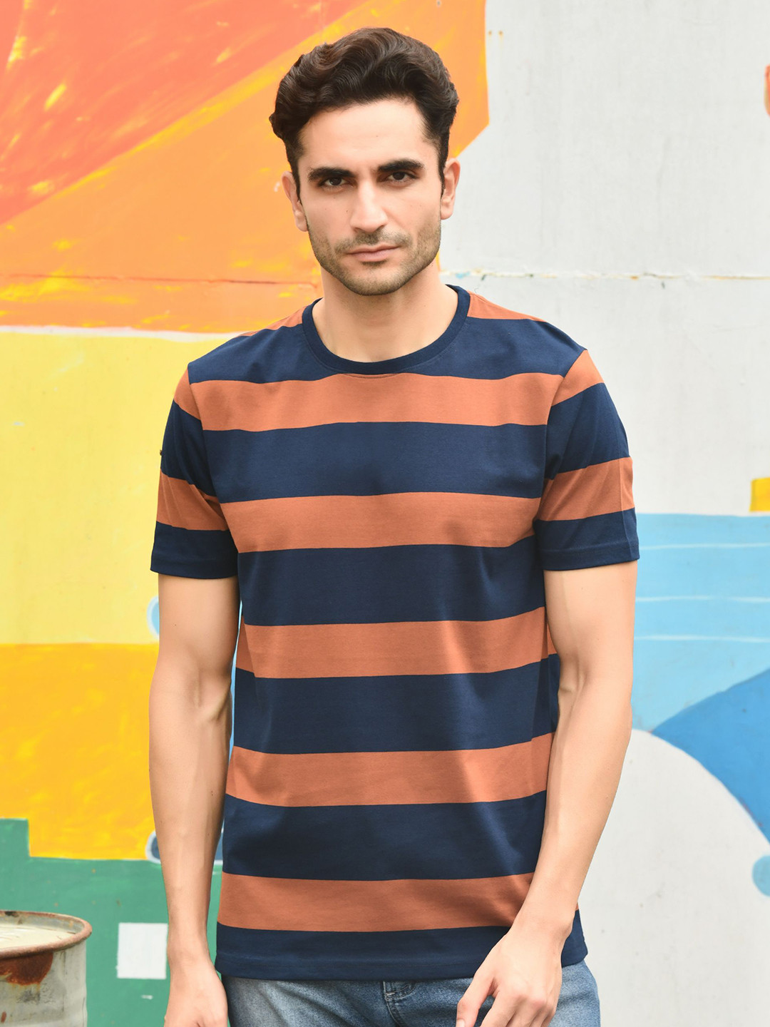 KOR Men Striped Round Neck Cotton T-shirt