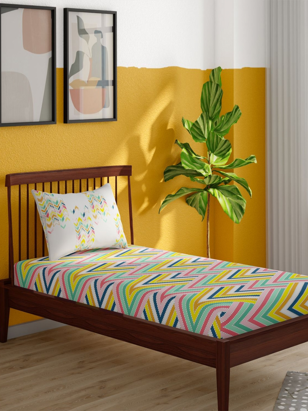 Portico Pixelpop Yellow & Green Abstract Cotton 152 TC Single Bedsheet Set-2.24mx1.50m