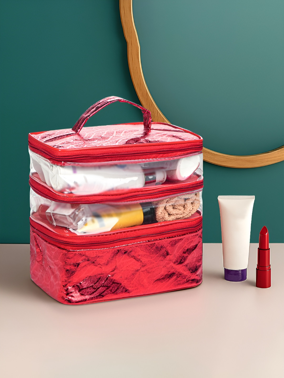 Aura Maroon & Transparent Makeup Organiser With Handle