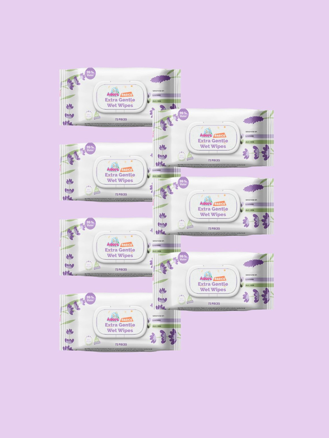 Adore Set Of 7 99% Pure Water Lavender Baby Wet Wipes - 72Pcs Each