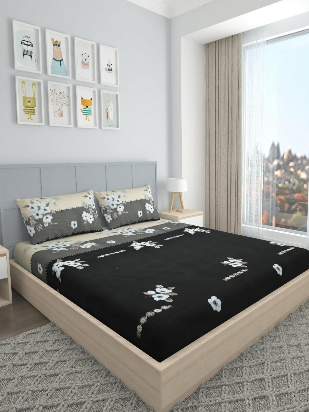 VOMZER Black Floral 300 TC Cotton Bedsheet Set 2.74 m x 2.74 m