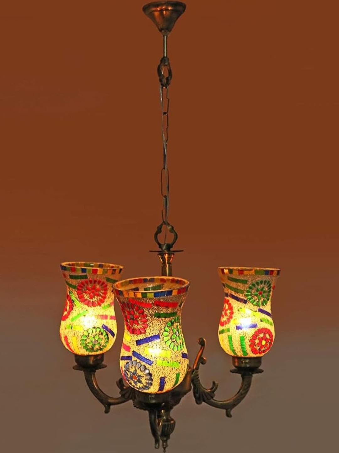Somil Antique 3-Light Chandelier with Mosaic Glass Shades, Multicolour Lighting Effect, Metal Fitting. LED Compatible. Dia: 48 X 48 X 100 Cm.