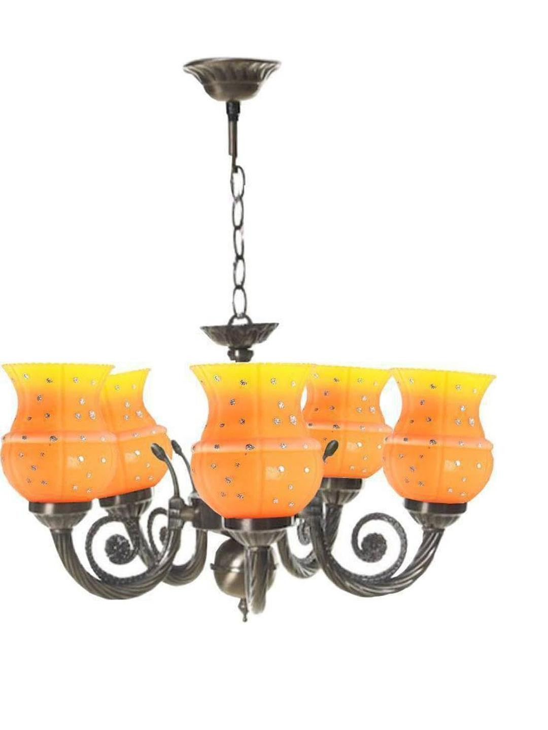 Somil Antique 5-Light Chandelier with Glass Shades, Orange and Yellow Lighting Effect, Metal Fitting. LED Compatible. Dia: 42 X 42 X 100 Cm.