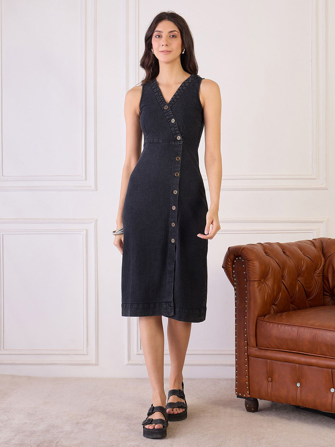 Orchid Blues Women Denim Sleeveless Wrap Midi Dress