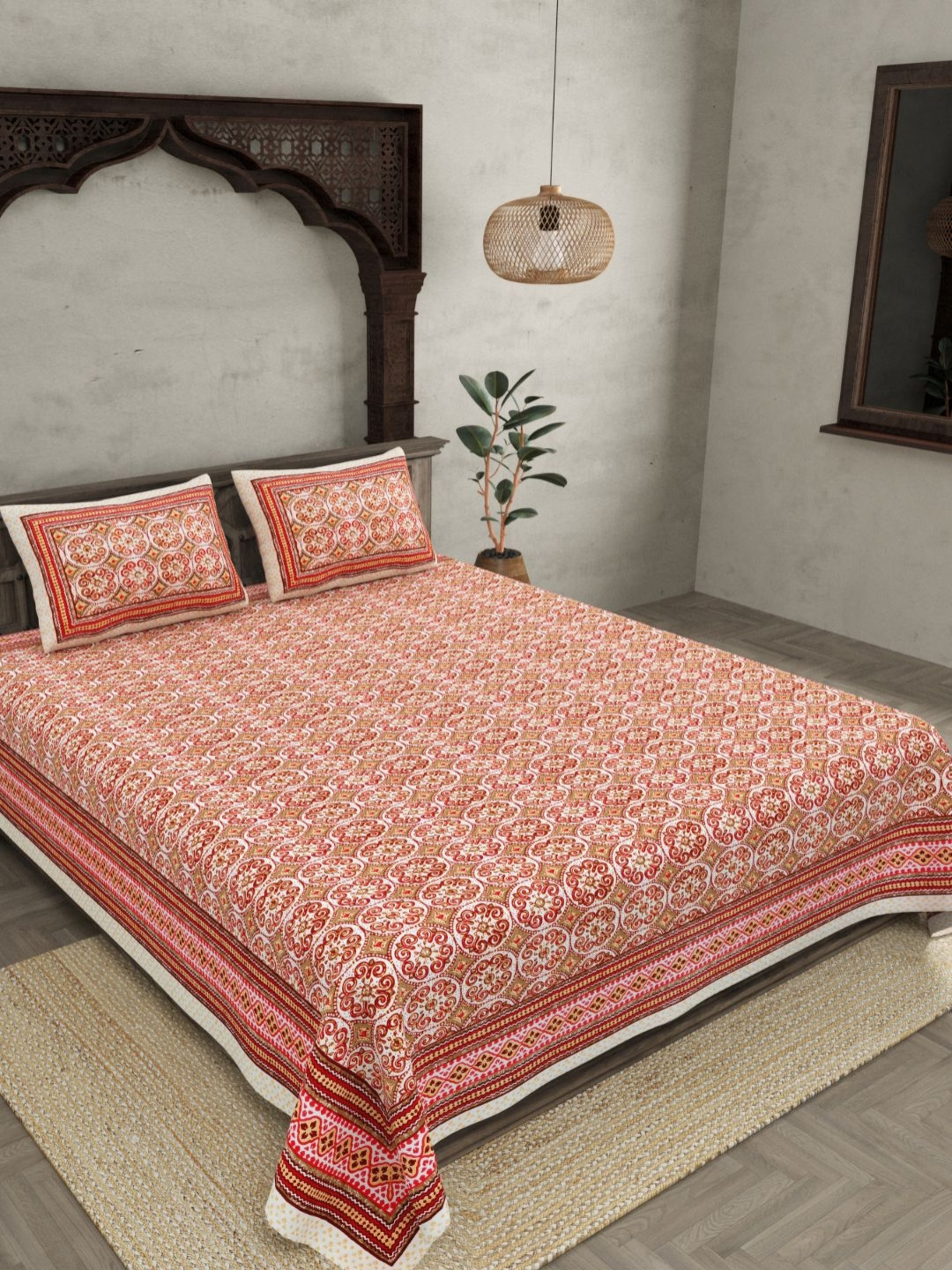 JAIPUR FABRIC Peach-Coloured & Pink Ethnic Motifs 180 TC King Bedsheet with 2 Pillow Covers