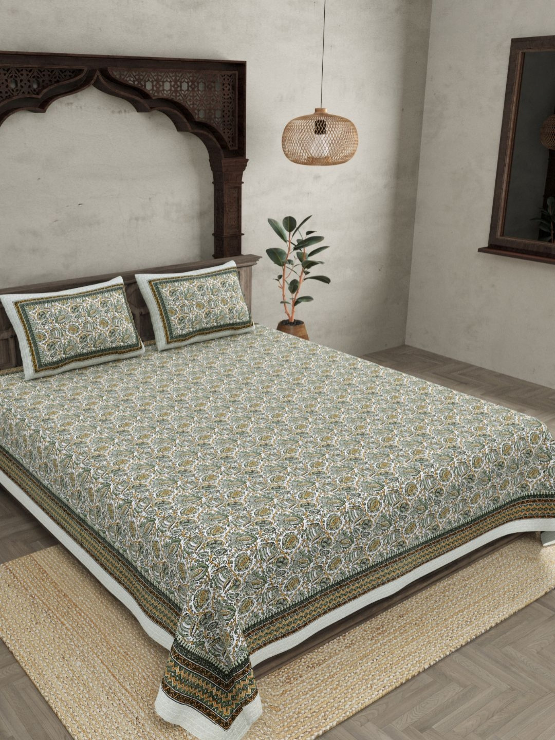BED-SHEET.COM Green & Yellow Printed Cotton 180 TC King Bedsheet Set 2.74 m x 2.28 m