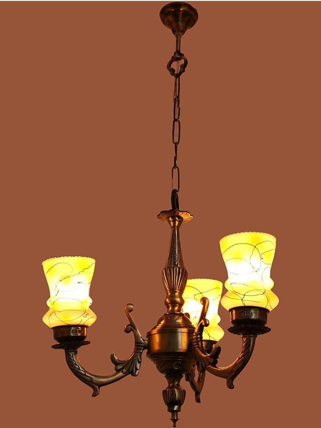 Somil Antique 3-Light Chandelier with Glass Shades, Yellow, White and Black Lighting Effect, Metal Fitting. LED Compatible. Dia: 48 X 48 X 100 Cm.